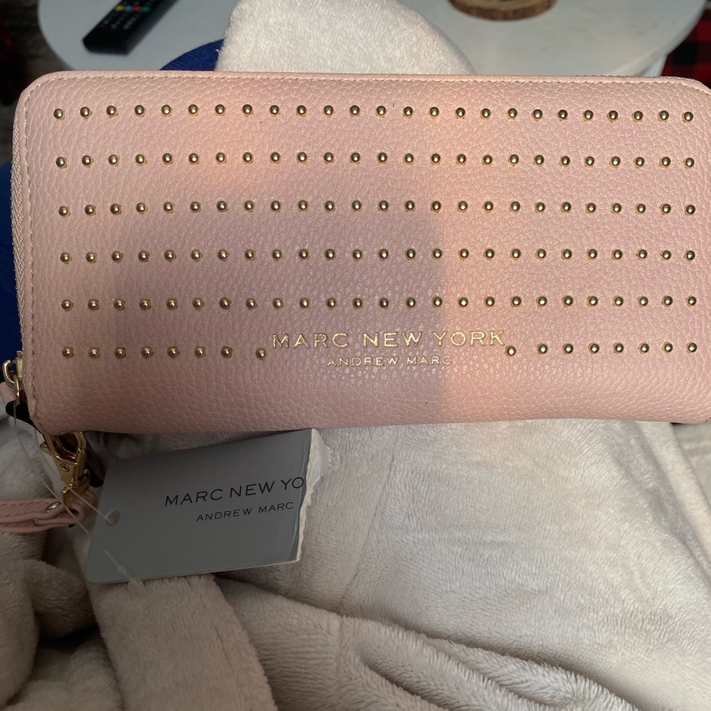 NWT Andrew Marc New York leather wallet.  Pale pink with gold hardware.